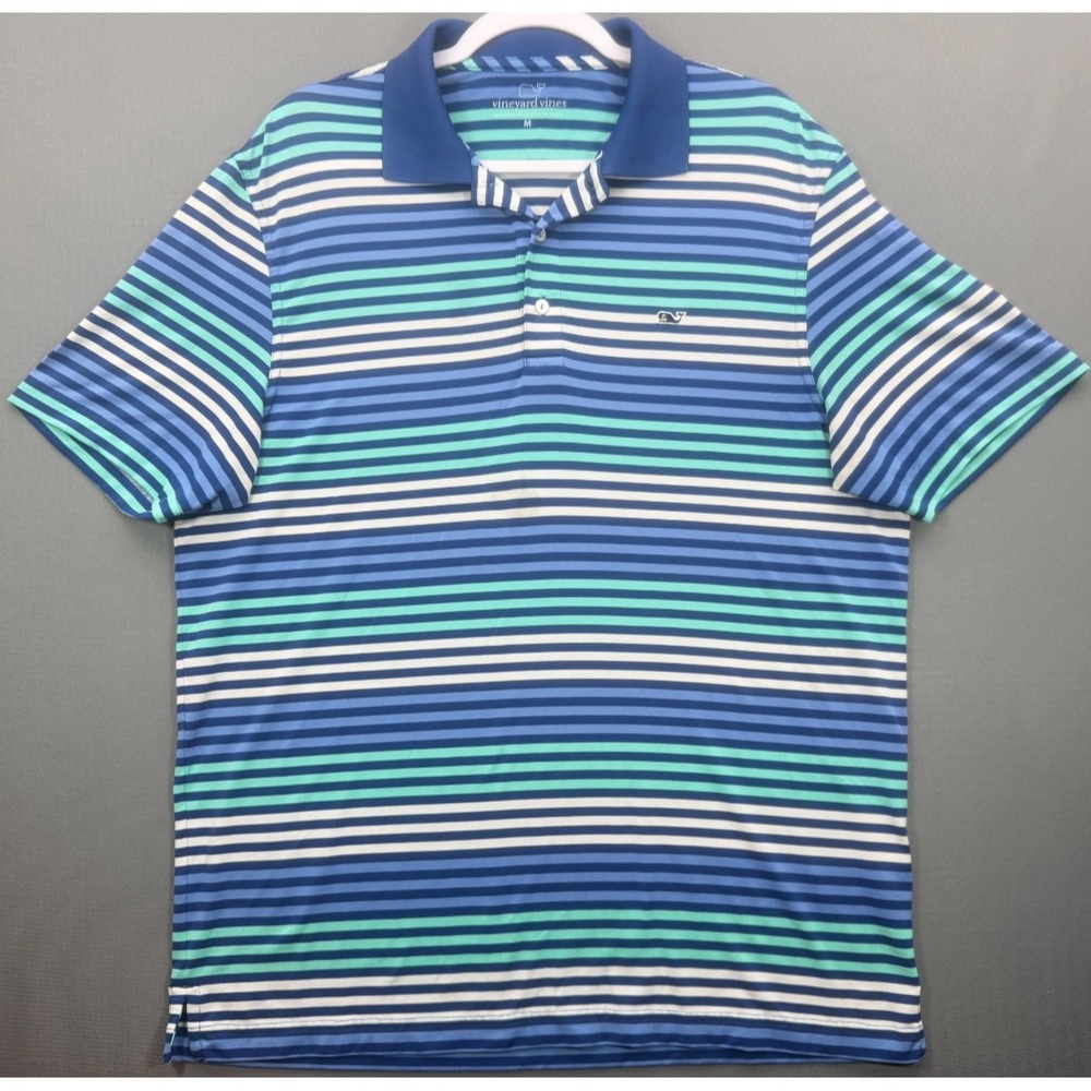 Vineyard Vines Performance Striped Polo Shirt Blue Teal 1K1080 | Men's Medium M